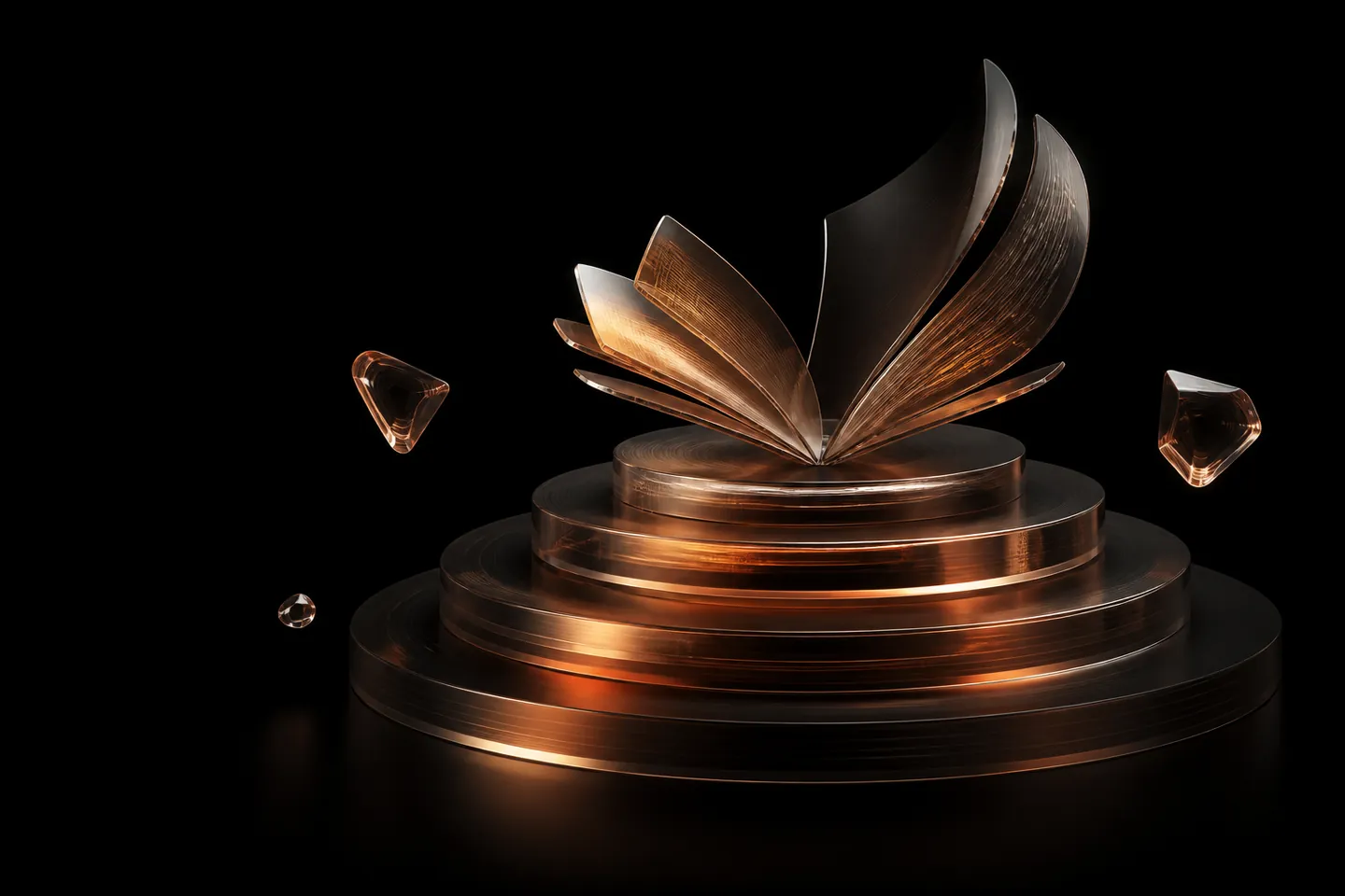 Escultura em vidro líquido com camadas ascendentes e páginas abstratas