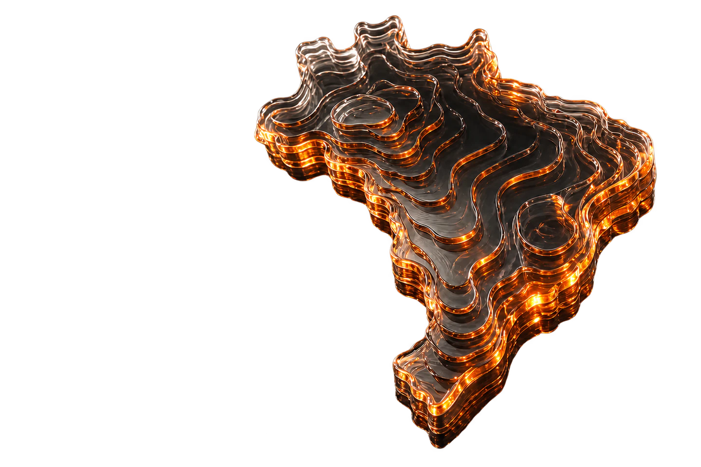 Escultura do mapa do Brasil formada por camadas de vidro líquido e impressão 3D